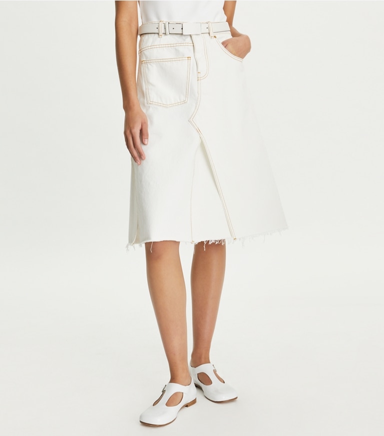 Tory Burch designer unterteile Unstrukturierter Jeansrock in White Chalk Wash front
