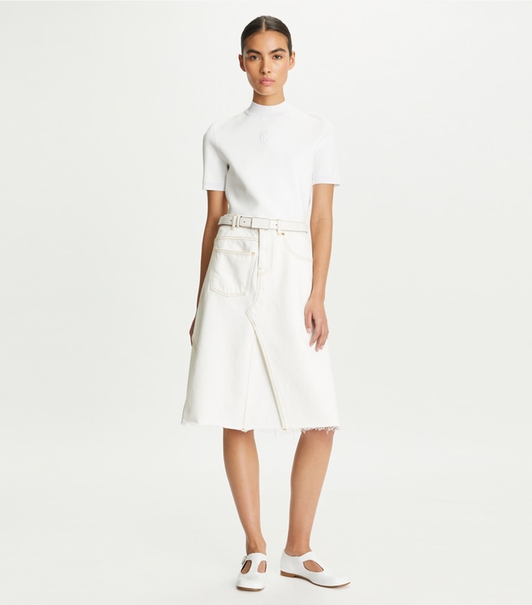 Tory Burch designer unterteile Unstrukturierter Jeansrock in White Chalk Wash front