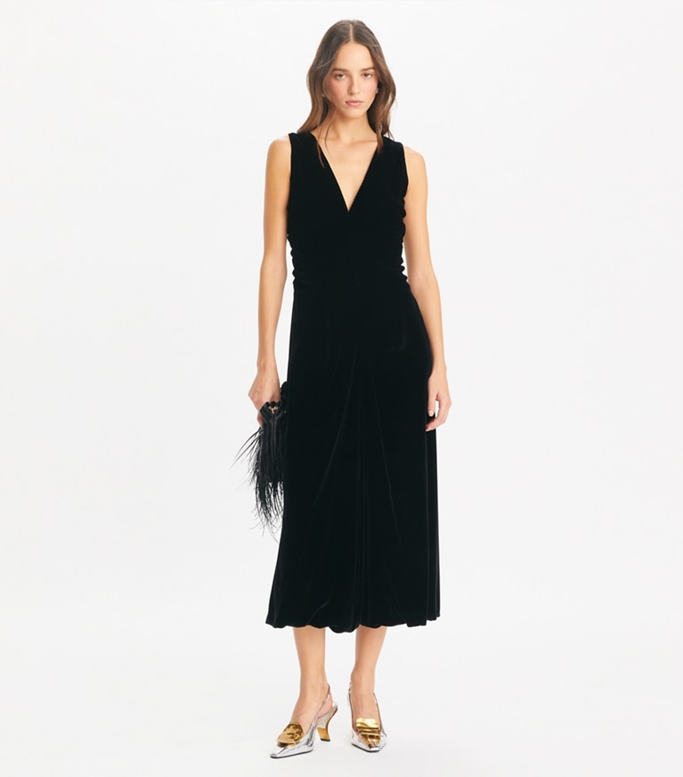 Tory Burch designer dresses V-Neck Velvet Dress in Black front
