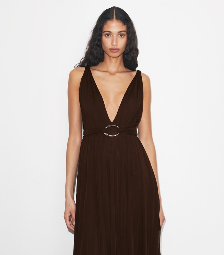 Tory Burch designer dresses V-Neck Viscose Dress in Dark Cocoa on model detail