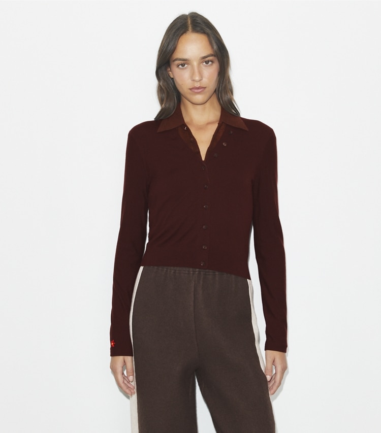 Tory Burch designer sweaters V-Neck Wool Cardigan in Merlot on model detail
