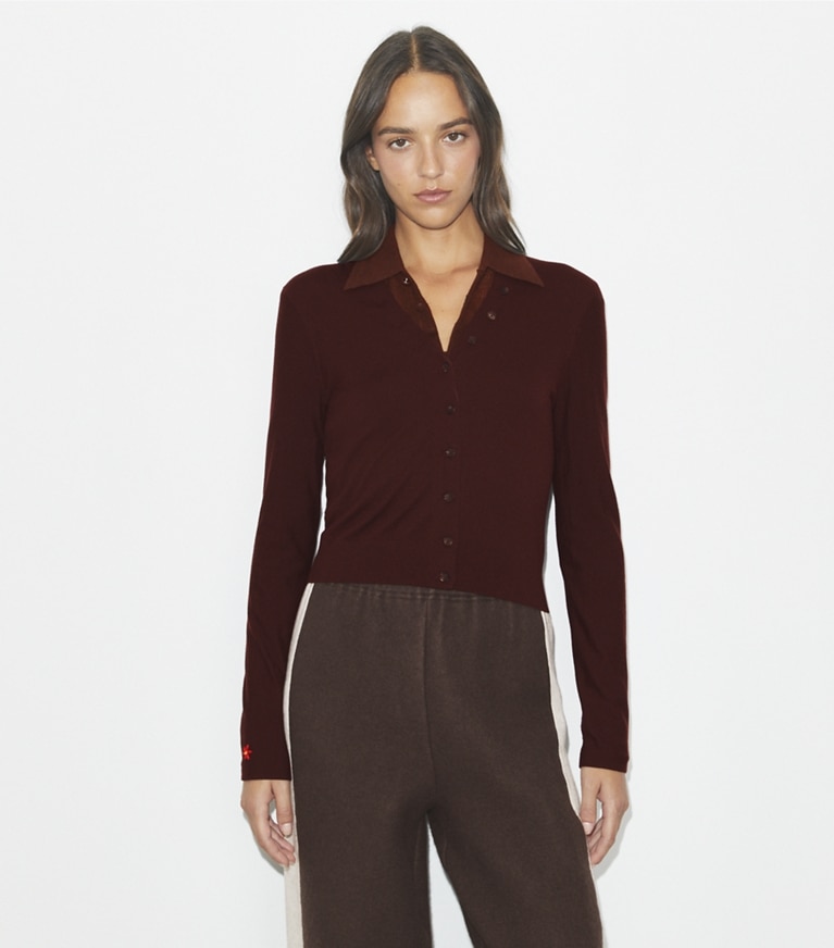 Tory Burch designer sweaters V-Neck Wool Cardigan in Merlot front
