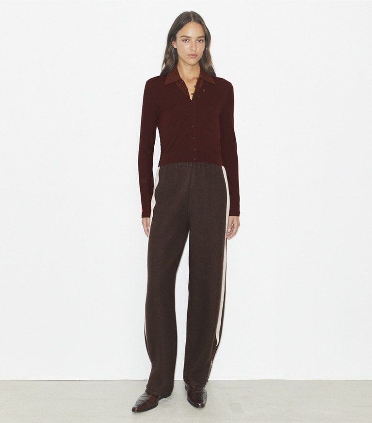 Tory Burch designer sweaters V-Neck Wool Cardigan in Merlot front