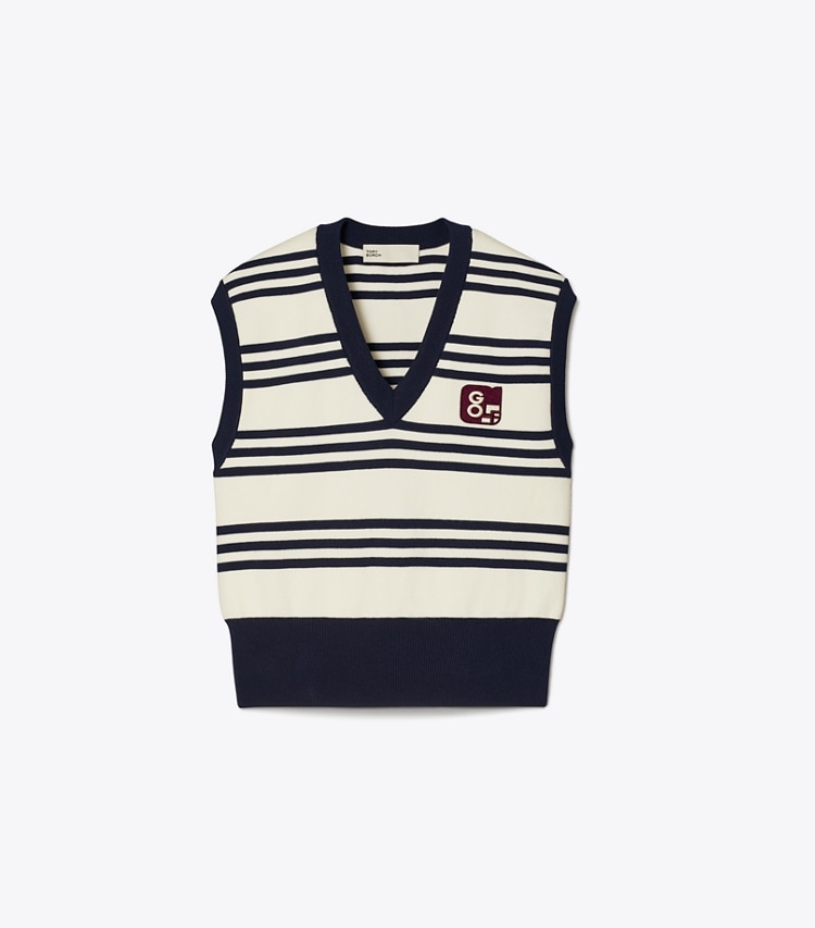 Tory Sport designer sweaters V-Neck Wool Sweater Vest in New Ivory City Stripe front
