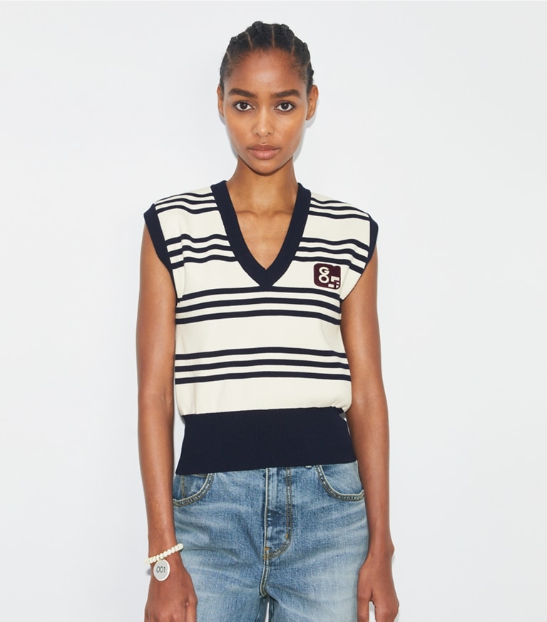 Tory Sport designer sweaters V-Neck Wool Sweater Vest in New Ivory City Stripe front