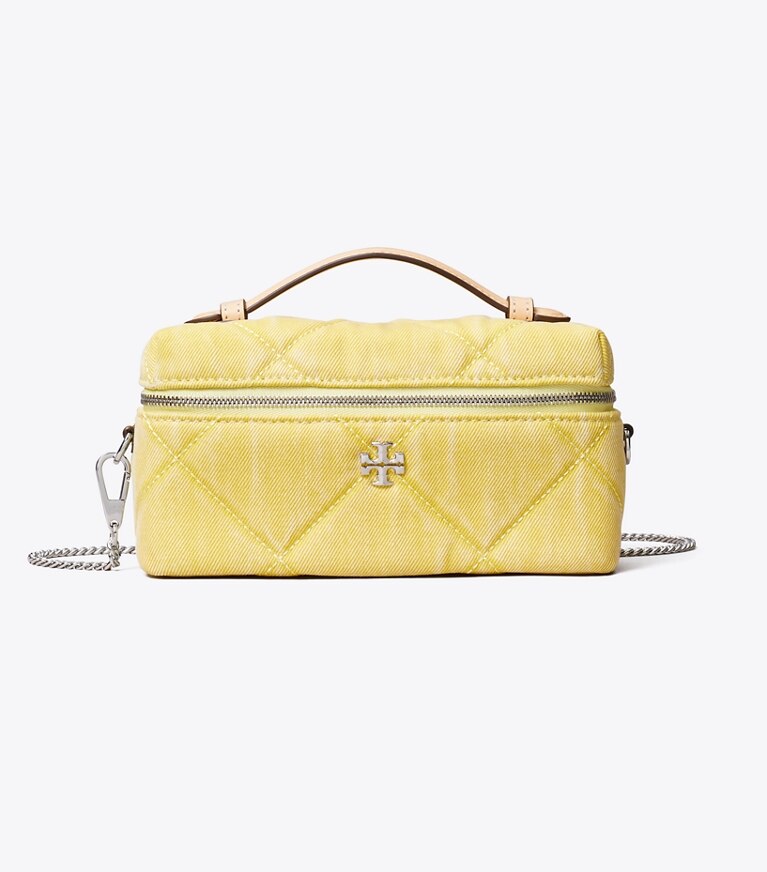 Tory Burch designer sacs à bandoulière Vanity case Kira en denim matelassé diamant dans Yellow de face
