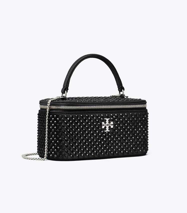 Tory Burch designer sacs à bandoulière Vanity case Kira en satin orné dans Black angle