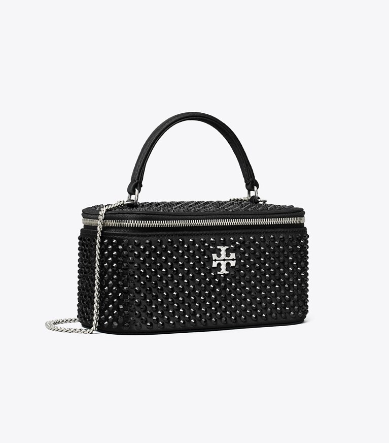Tory Burch designer sacs à bandoulière Vanity case Kira en satin orné dans Black angle