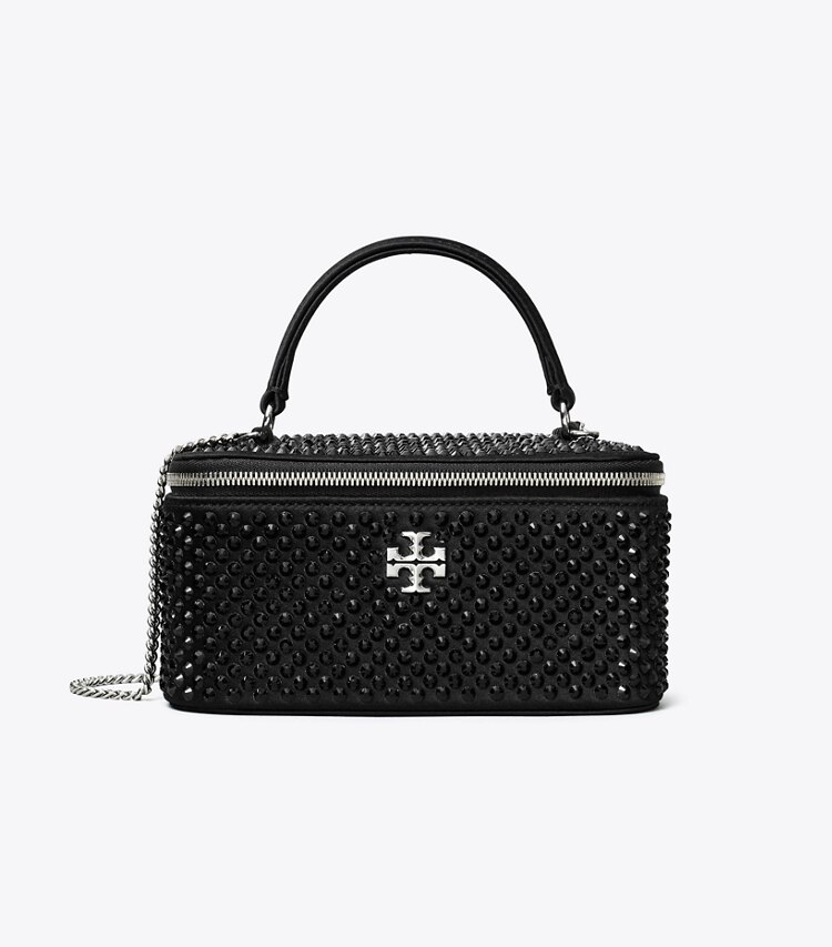 Tory Burch designer sacs à bandoulière Vanity case Kira en satin orné dans Black de face