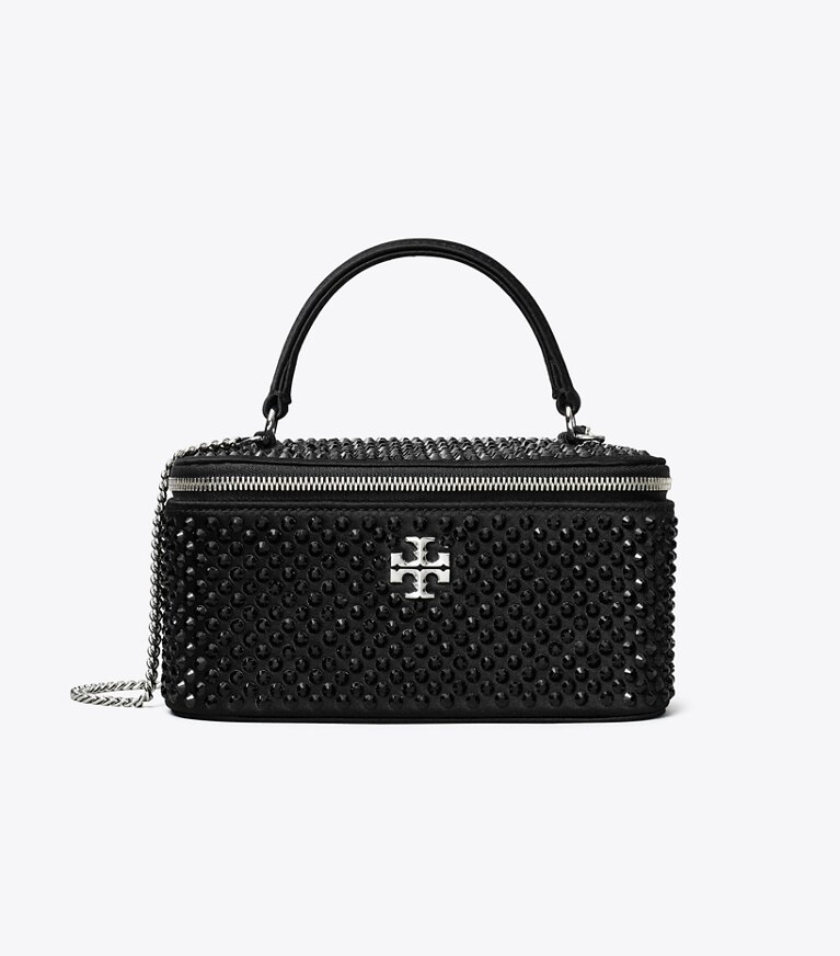 Tory Burch designer sacs à bandoulière Vanity case Kira en satin orné dans Black de face