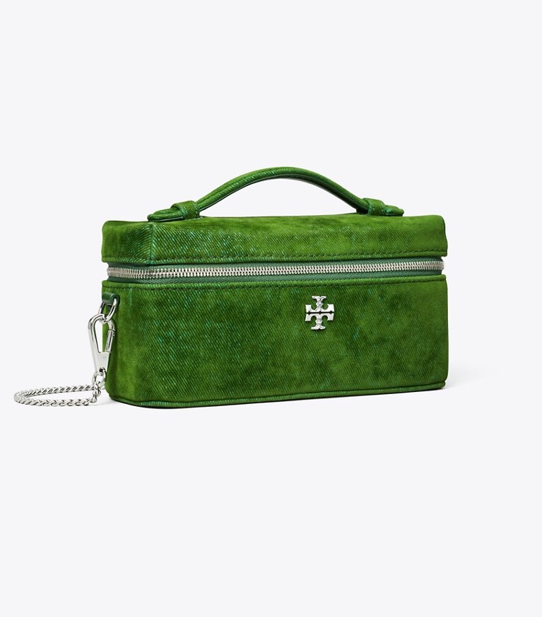 Tory Burch designer sacs à bandoulière Vanity case Kira floqué dans Emerald angle
