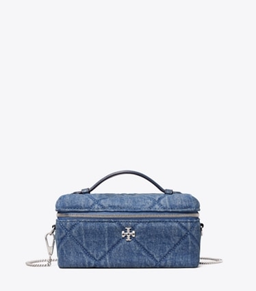 Tory Burch designer sacs à bandoulière Vanity Kira en denim à matelassage losange in Blue front