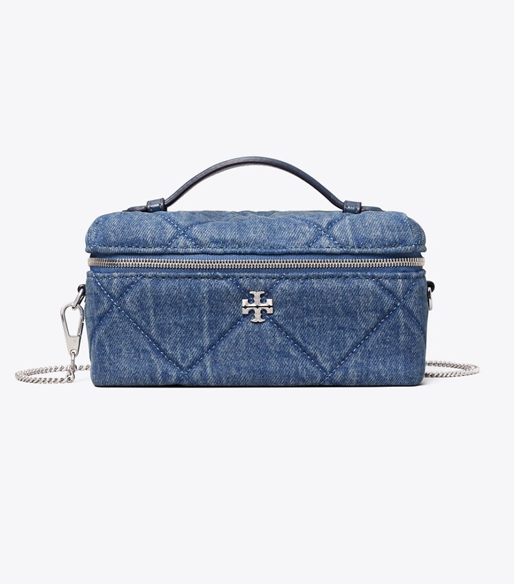 Tory Burch designer mini sacs Vanity Kira en denim à matelassage losange in Blue front