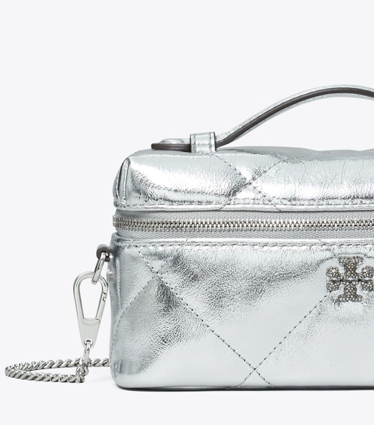 Tory Burch designer mini sacs Vanity Kira métallisé à matelassage losange in Silver informations