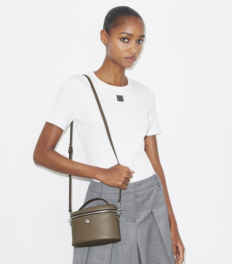 Tory Burch designer mini sacs Vanity souple en cuir grainé in Wild Mushroom angle