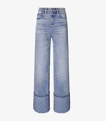 Tory Burch diseñador prendas de abajo Vaqueros rectos con puños en contraste en Light Vintage Wash frontal