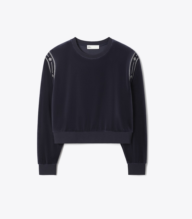 Tory Burch designer sweaters Velour Logo Crewneck in Medium Navy front
