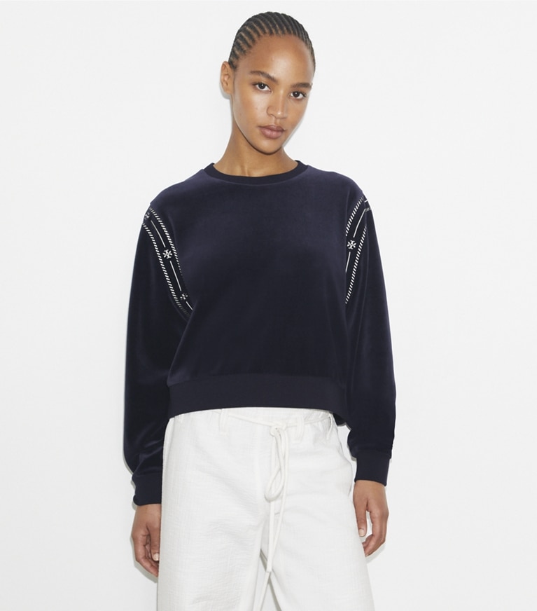 Tory Burch designer sweaters Velour Logo Crewneck in Medium Navy front