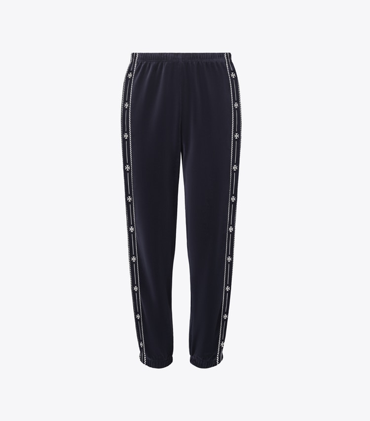 Tory Burch designer bottoms Velour Logo Jogger in Medium Navy front