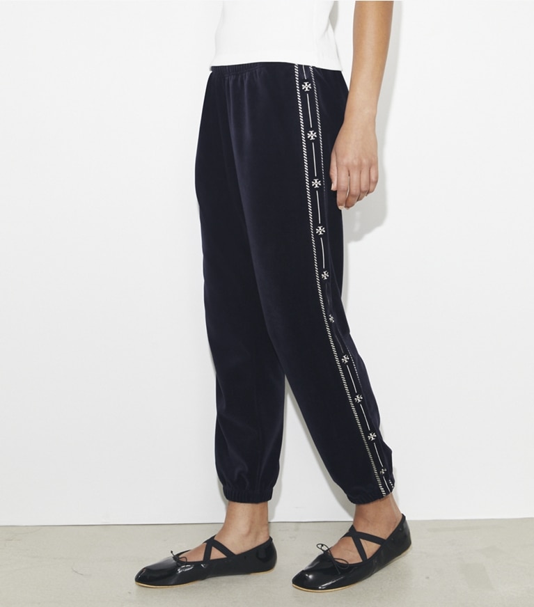 Tory Burch designer bottoms Velour Logo Jogger in Medium Navy front