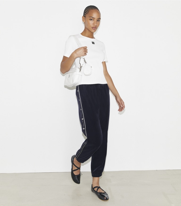 Tory Burch designer bottoms Velour Logo Jogger in Medium Navy front