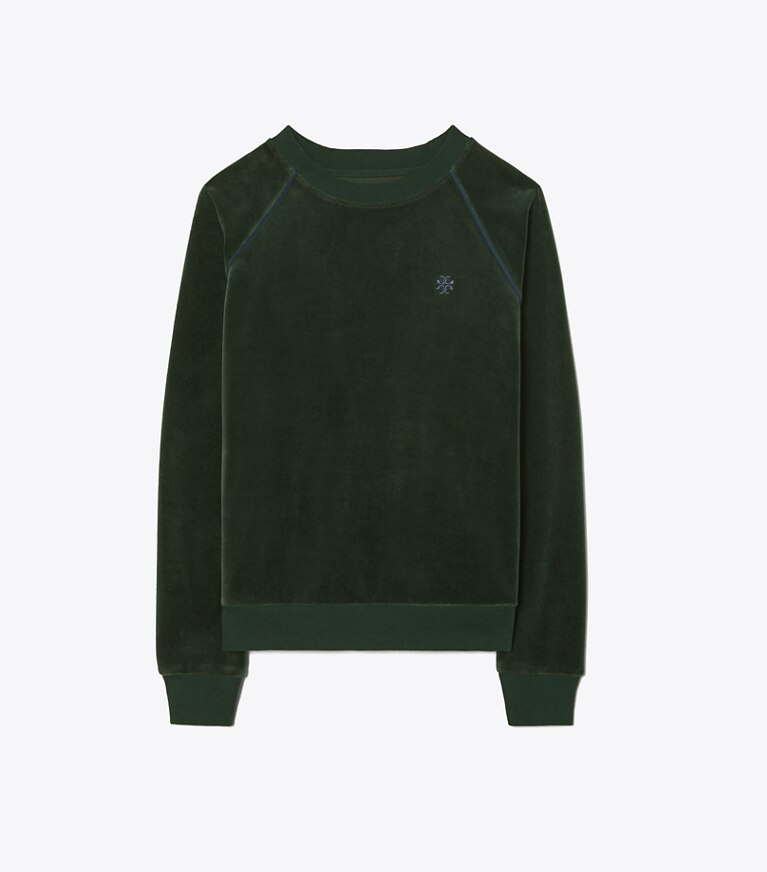 Tory Sport designer sweaters Velour Pullover in Conifer front