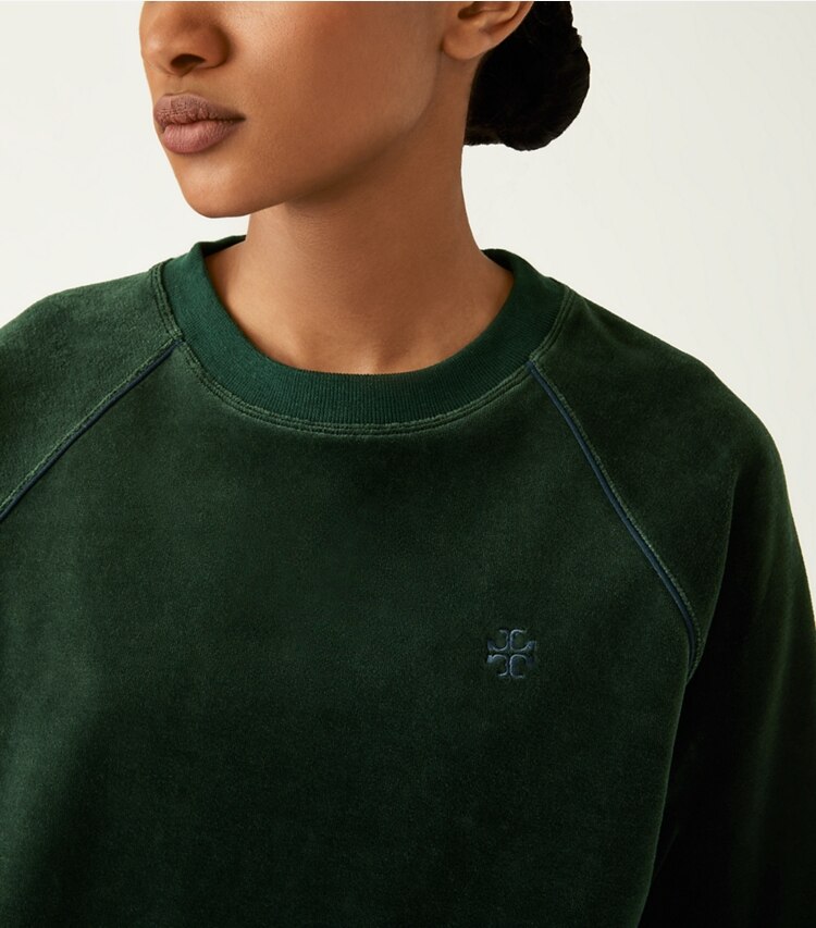 Tory Sport designer sweaters Velour Pullover in Conifer on model detail