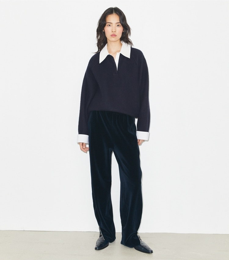 Tory Burch designer bottoms Velour Sweatpant in Ink on model front