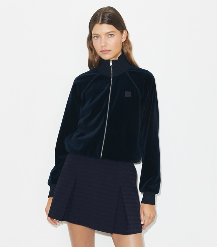 Tory Burch designer jackets Velour Track Jacket in Ink on model detail
