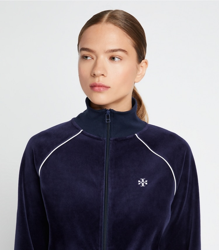 Tory Sport designer jackets Velour Track Jacket in Tory Navy on model detail