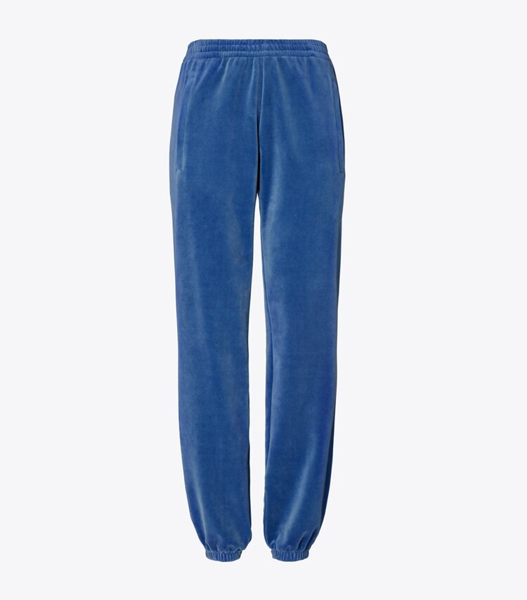 Tory Sport designer bottoms Velour Track Jogger in Blue Wash front