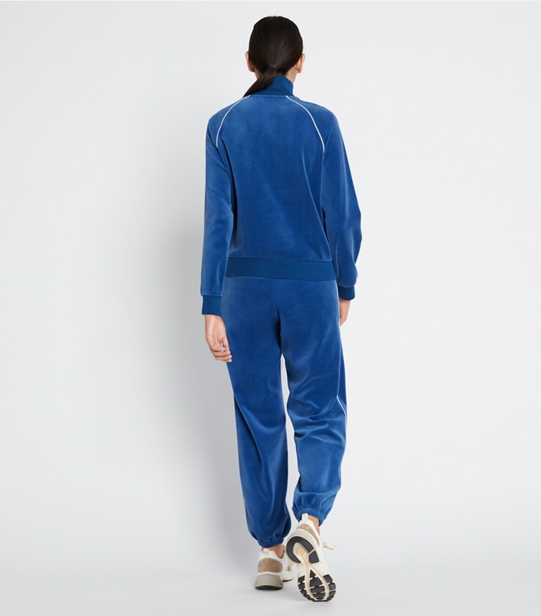 Tory Sport designer bottoms Velour Track Jogger in Blue Wash front