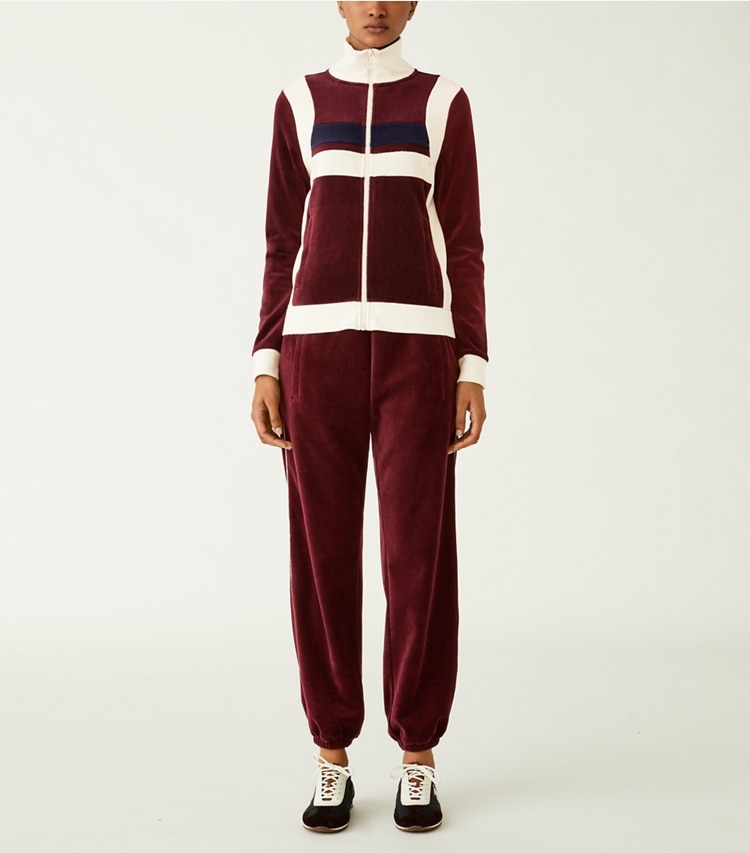Tory Sport designer bottoms Velour Track Jogger in Winetasting on model front