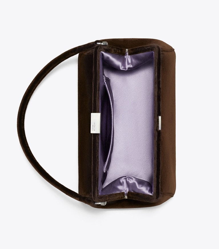 Tory Burch designer clutches Velvet Frame Clutch in Chestnut overhead