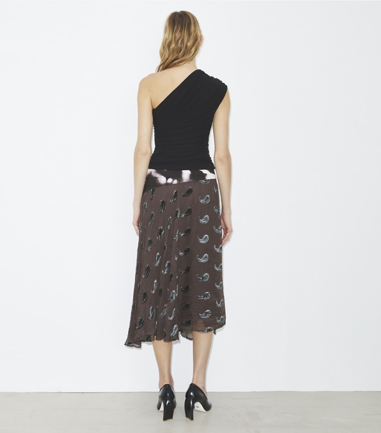 Tory Burch designer bottoms Velvet Skirt in Brown Paisley Shadow front