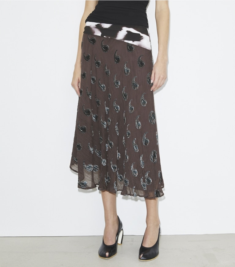 Tory Burch designer bottoms Velvet Skirt in Brown Paisley Shadow front