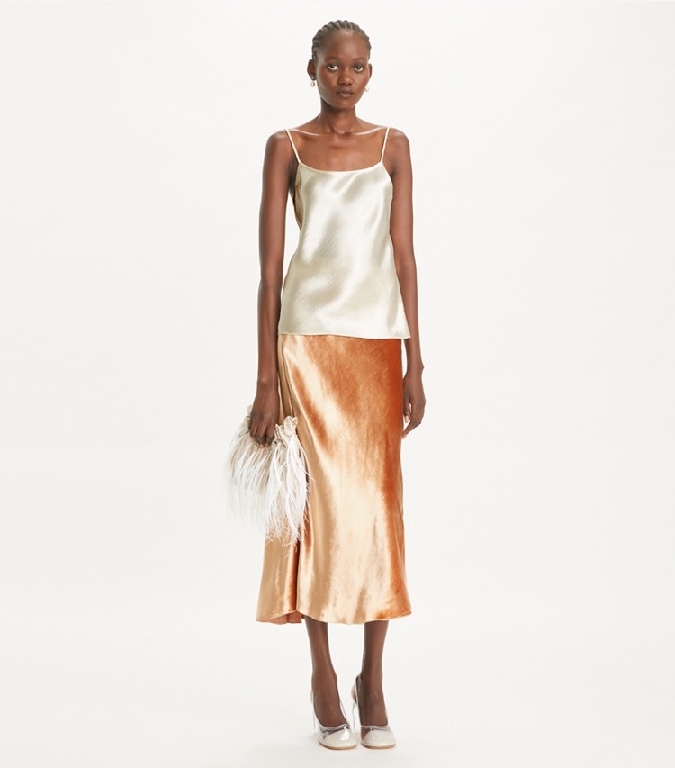 Tory Burch designer bottoms Velvet Skirt in Dusk Pink on model front