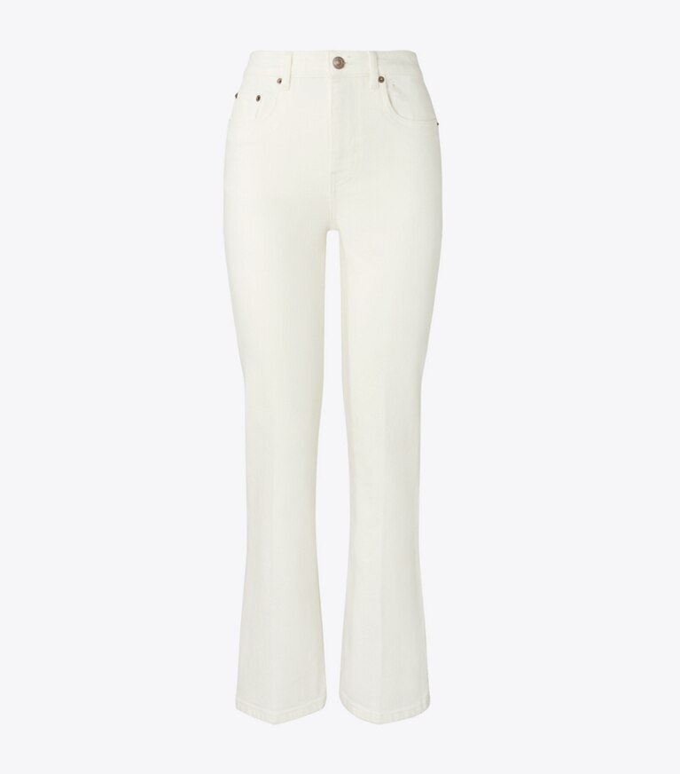 Tory Burch designer unterteile Verkürzte, ausgestellte Jeans in White Chalk Wash front