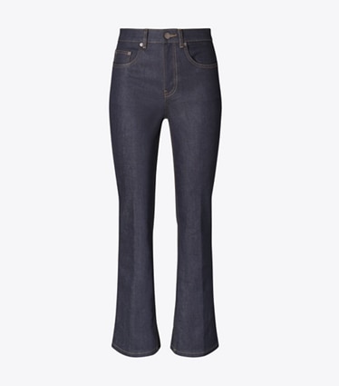 Tory Burch designer unterteile Verkürzte, ausgestellte Jeans in Raw/Unwashed front