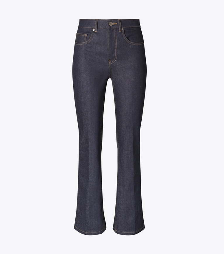 Tory Burch designer unterteile Verkürzte, ausgestellte Jeans in Raw/Unwashed front
