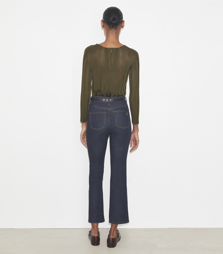 Tory Burch designer unterteile Verkürzte, ausgestellte Jeans in Raw/Unwashed front
