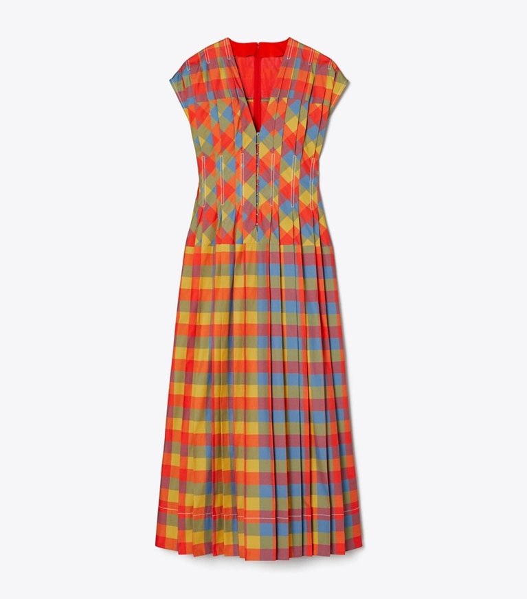 Tory Burch designer dresses Veronica Plaid Claire McCardell Dress in Tomato Red front