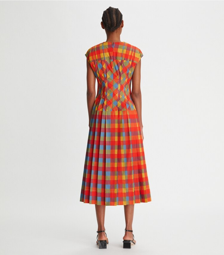 Tory Burch designer dresses Veronica Plaid Claire McCardell Dress in Tomato Red on model back