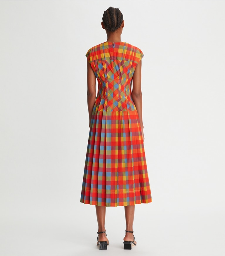 Tory Burch designer dresses Veronica Plaid Claire McCardell Dress in Tomato Red front