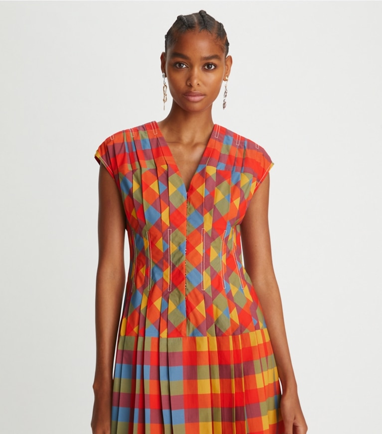 Tory Burch designer dresses Veronica Plaid Claire McCardell Dress in Tomato Red front
