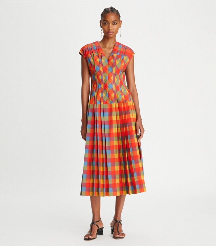 Tory Burch designer dresses Veronica Plaid Claire McCardell Dress in Tomato Red on model front