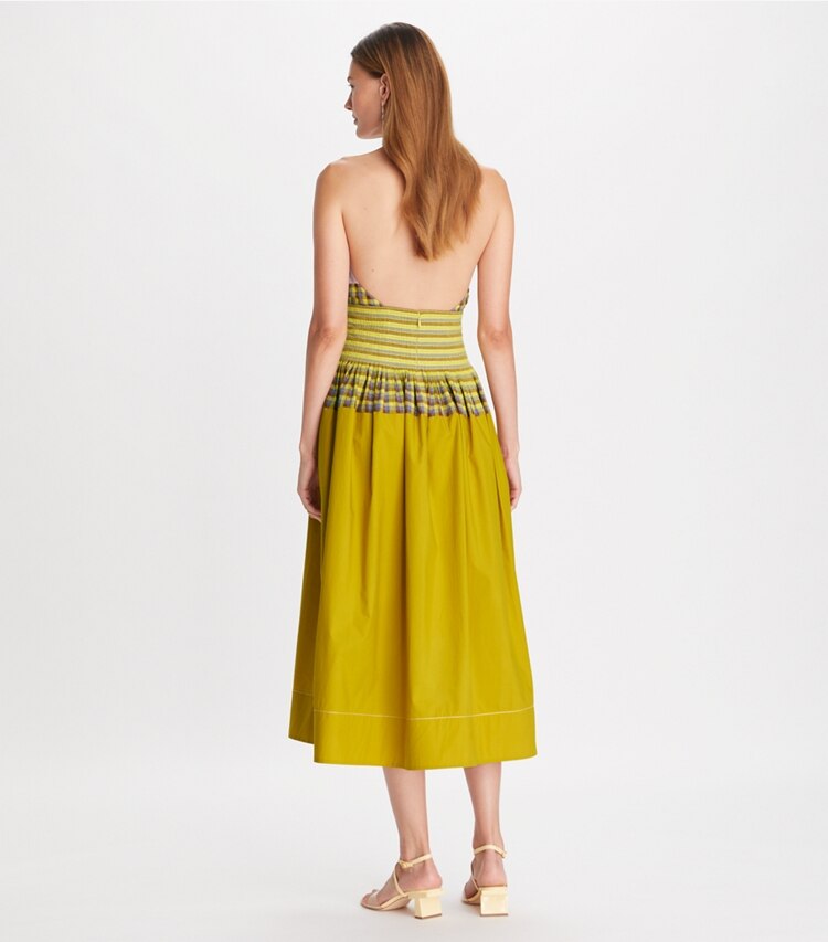 Tory Burch designer dresses Veronica Plaid Colorblock Dress in Lemon Lime on model back