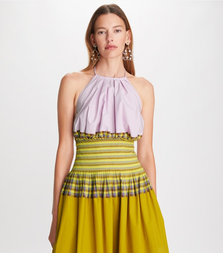 Tory Burch designer dresses Veronica Plaid Colorblock Dress in Lemon Lime front