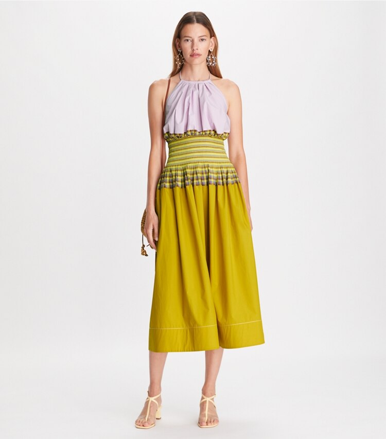 Tory Burch designer dresses Veronica Plaid Colorblock Dress in Lemon Lime on model front