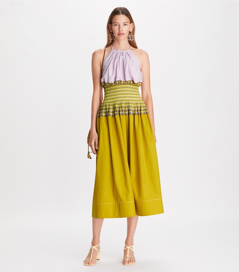 Tory Burch designer dresses Veronica Plaid Colorblock Dress in Lemon Lime front